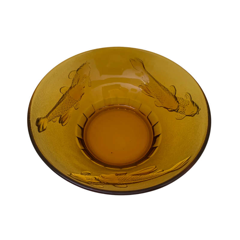Large 26cm Amber Glass Salad Bowl with Koi Fish, Embossed, Amber Large Serving Bowl, Depression Glas