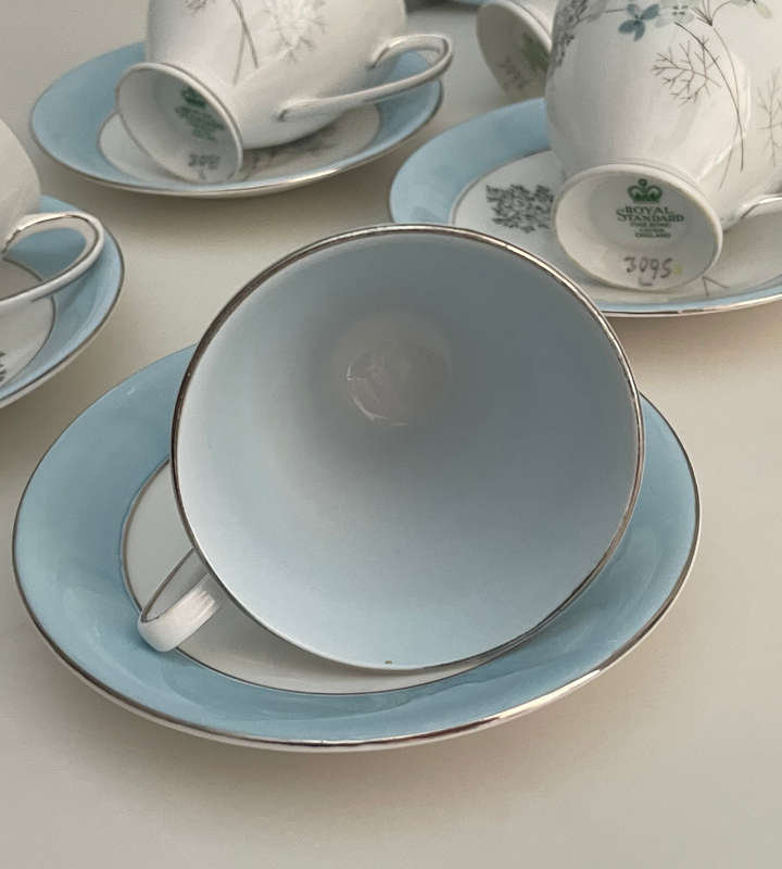 Vintage Sevron Blue Lace Royal Standard Fine Bone China Cups & Saucers Set (1950s-70s) - Made in Eng