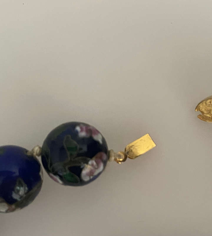Vintage 1950s-1960s Chinese Cloisonné Jewelry Set  Blue Enamel Bead Necklace & Hinged Bangles