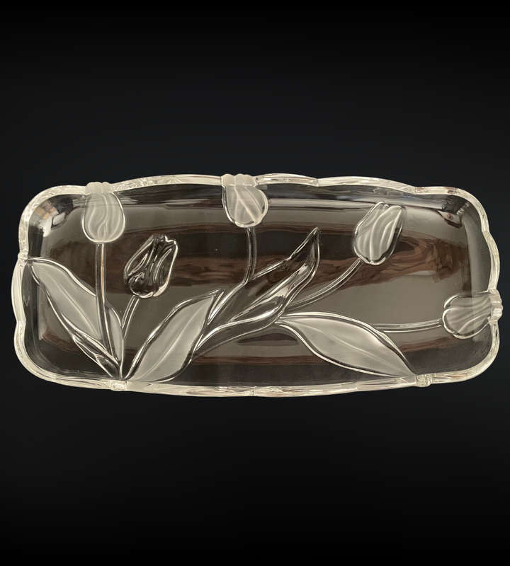 Original Walther Glass Nadine Satin Serving Tray - Frosted Tulip & Leaf Design, 375mm, with Box
