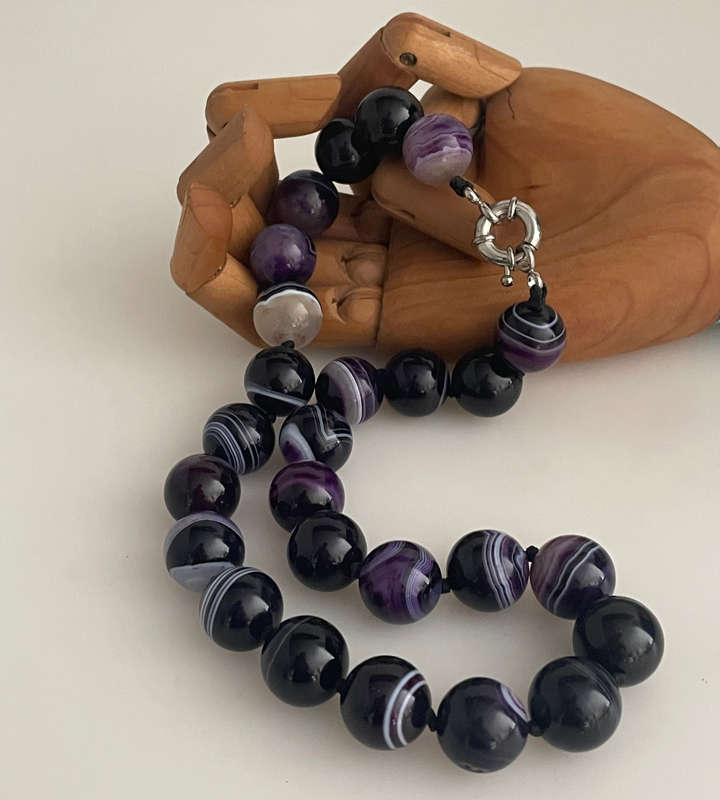 Vintage Purple Agate Bead Necklace with Silver-Tone Signoretti Clasp