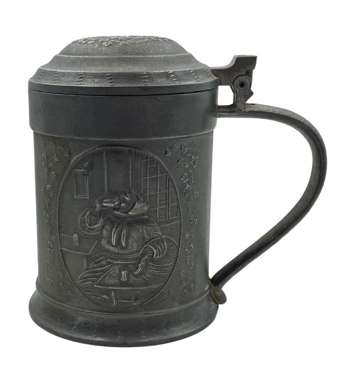 Vintage 1950s European Pewter Tankard with Flat Lid and Raised Relief Scenes  Angel Quality Mark