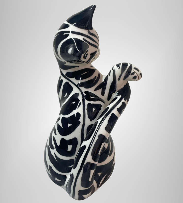 Vintage Italian Pottery Black & White Tabby Cat Figurine  Hand Painted  20.5cm  Marked Italy 5/53