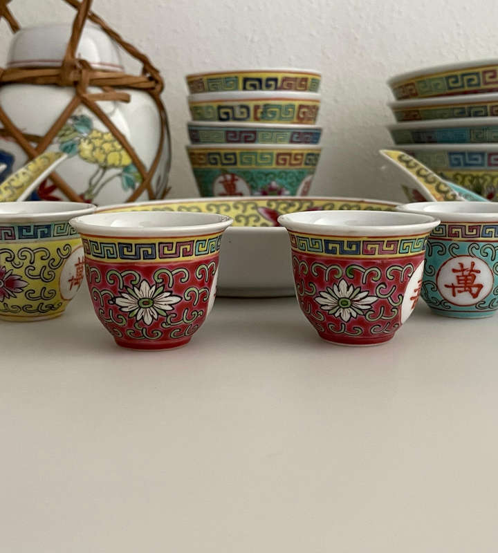 Vintage Famille Rose Mun Shou Longevity Porcelain Mixed Set  (22 Pieces)