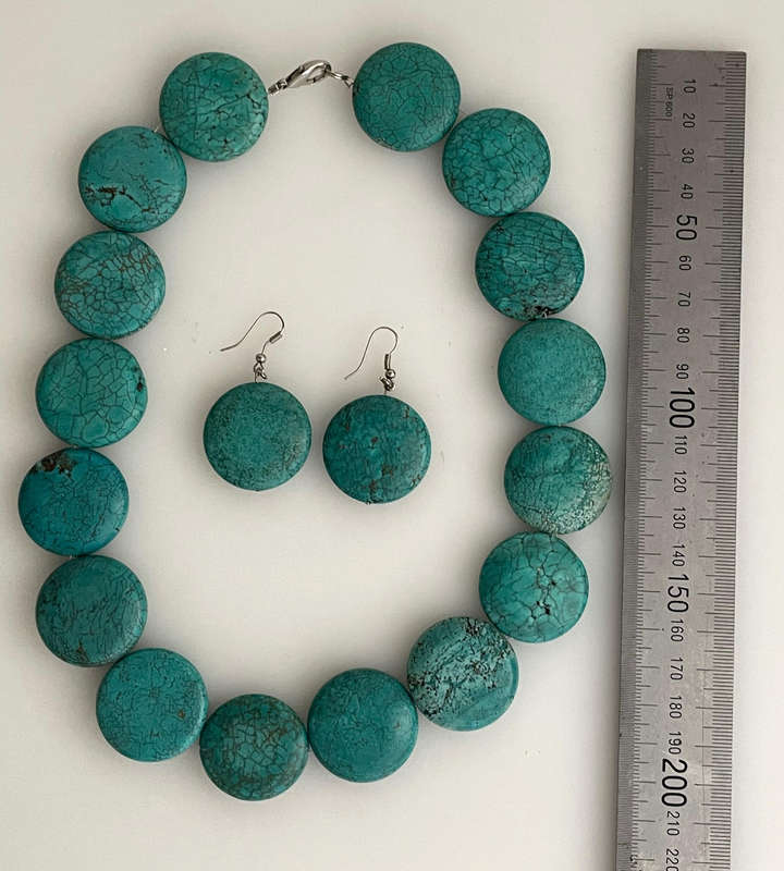 Chunky Turquoise Stone Flat Round Bead Necklace & Post Earrings Set  32mm Stones  Heavy Statement