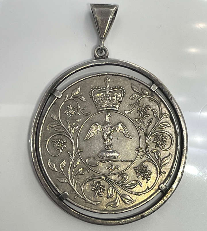 1977 Queen Elizabeth II Coin Pendant  35g, Marked Silver  Large 60mm Statement Piece