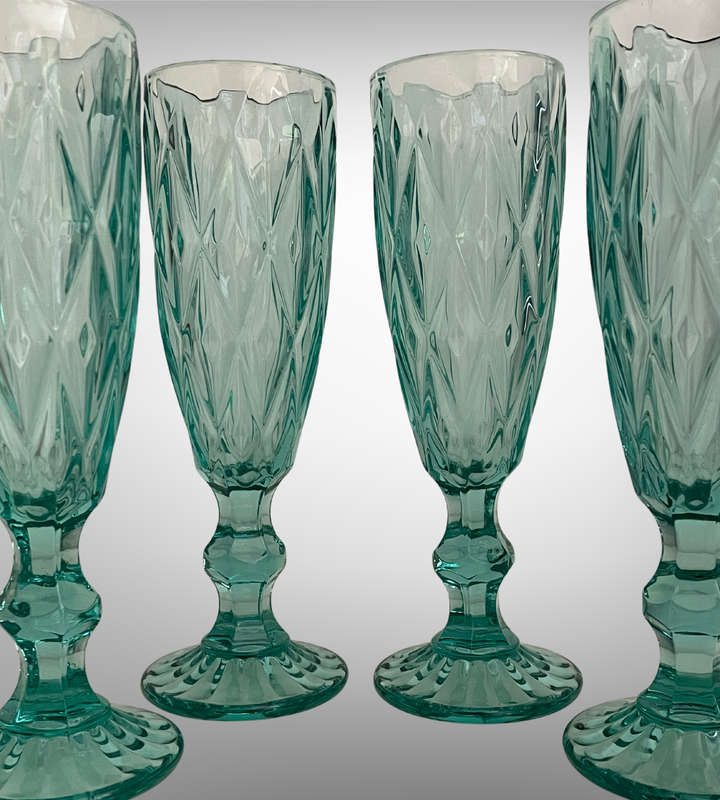 Set of 6 Green Champagne Flutes | 300ml Diamond Pattern Pressed Glass | Vintage Style | Used