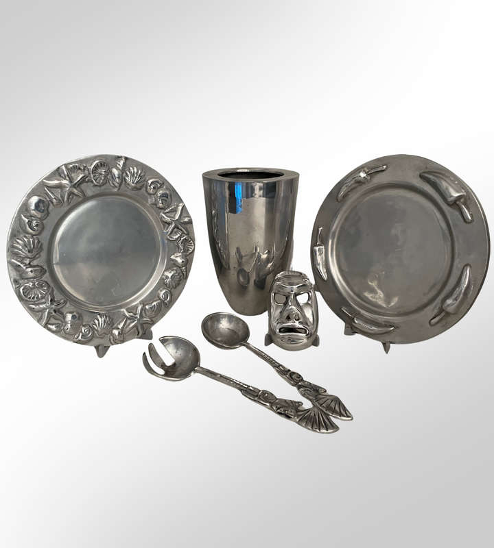 Lot of 5 Pewter Décor Items - Sea Shell Dish, Chilly Dish, Salad Servers, Mask, & Vase