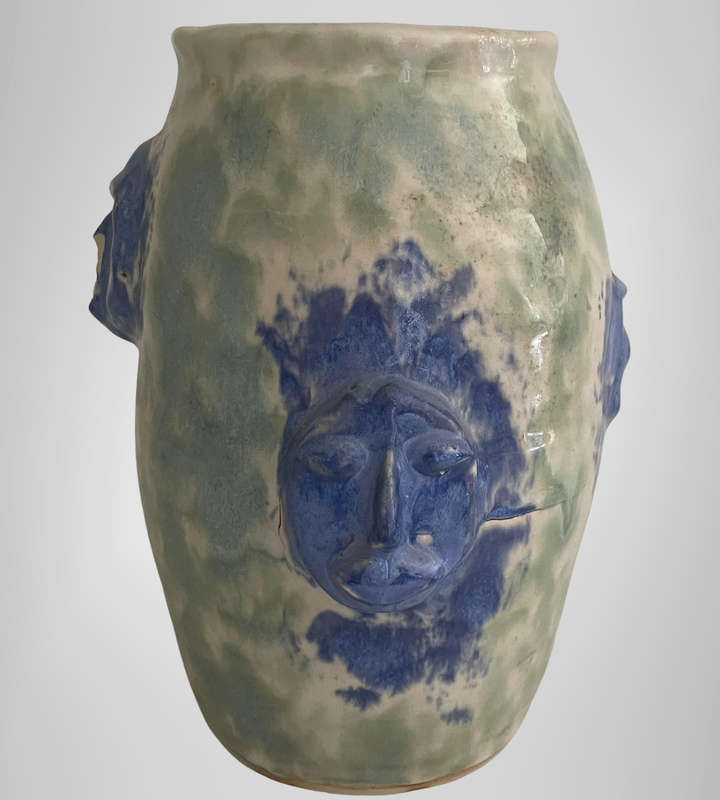 Unique Unmarked Stoneware Vase  Four Faces  Super Heavy Glaze  Brutalist Pottery- Studio Pottery