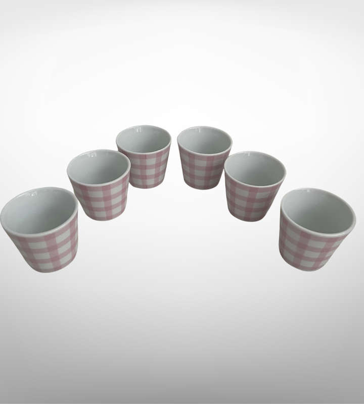 Set of 6 Pink Plaid Ceramic Small Espresso Cups  Cottagecore Charm