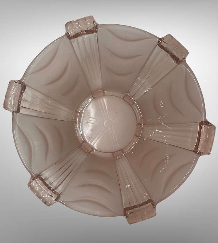 1930s Czech Art Deco Stolzle Fruit Bowl  Pink Frosted Pressed Glass, Hermanova Hut