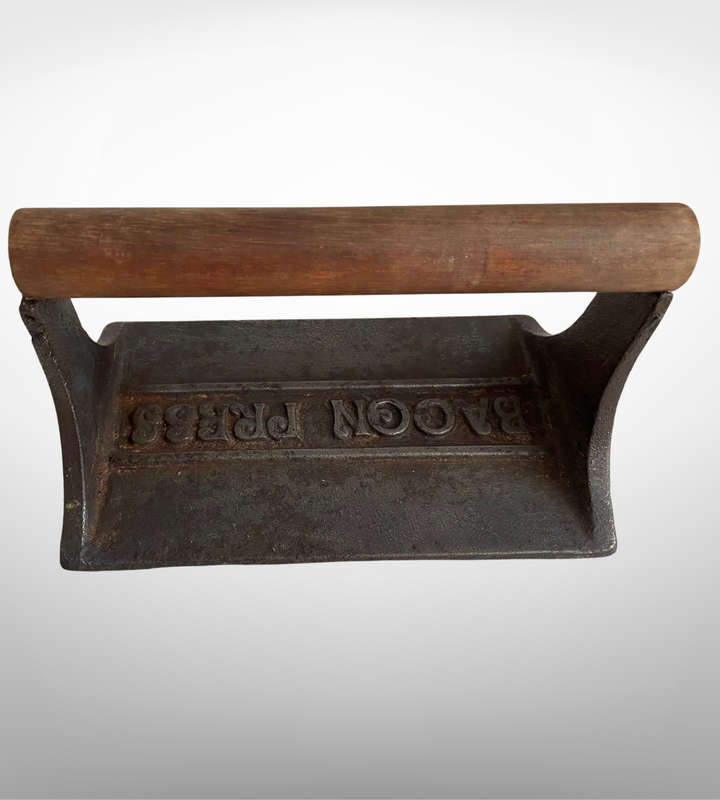 Vintage Rustic Cast Iron Bacon Press & 2 Stoneware Holders  Farmhouse Décor