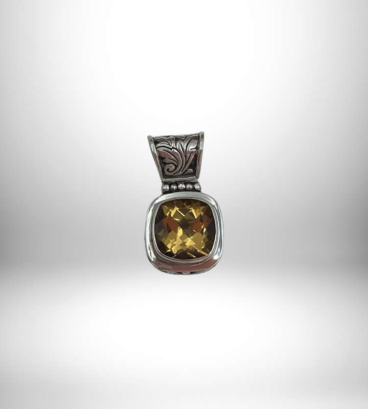 925 Sterling Silver Citrine Pendant - Square Faceted Citrine - Superb Condition