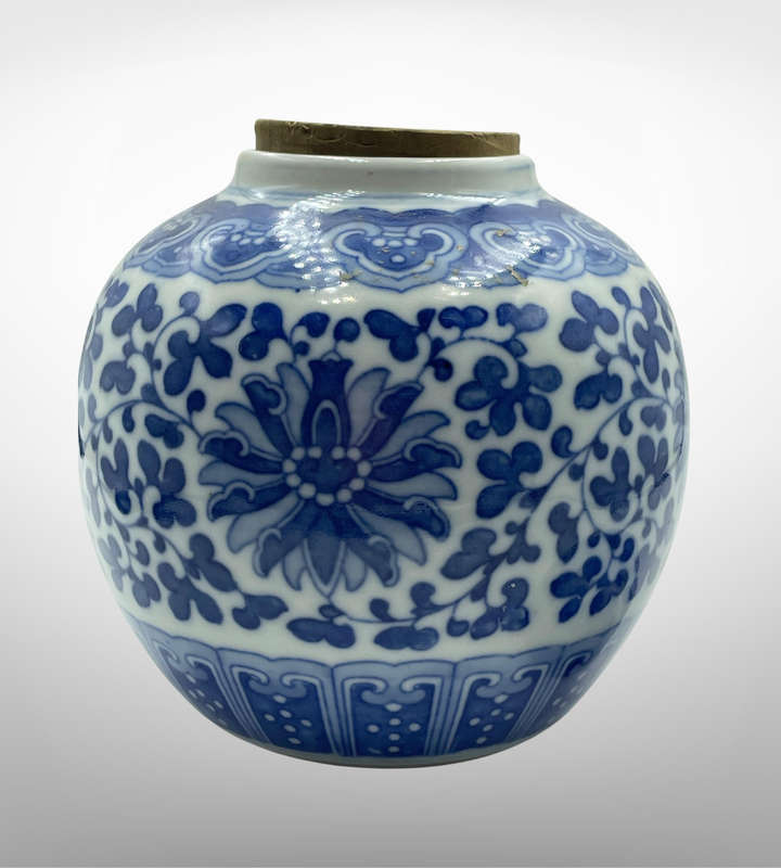 Antique Chinese Blue & White Ginger Jar  Hand-Painted Bao Xiang Hua Lotus Peony Scroll  12cm