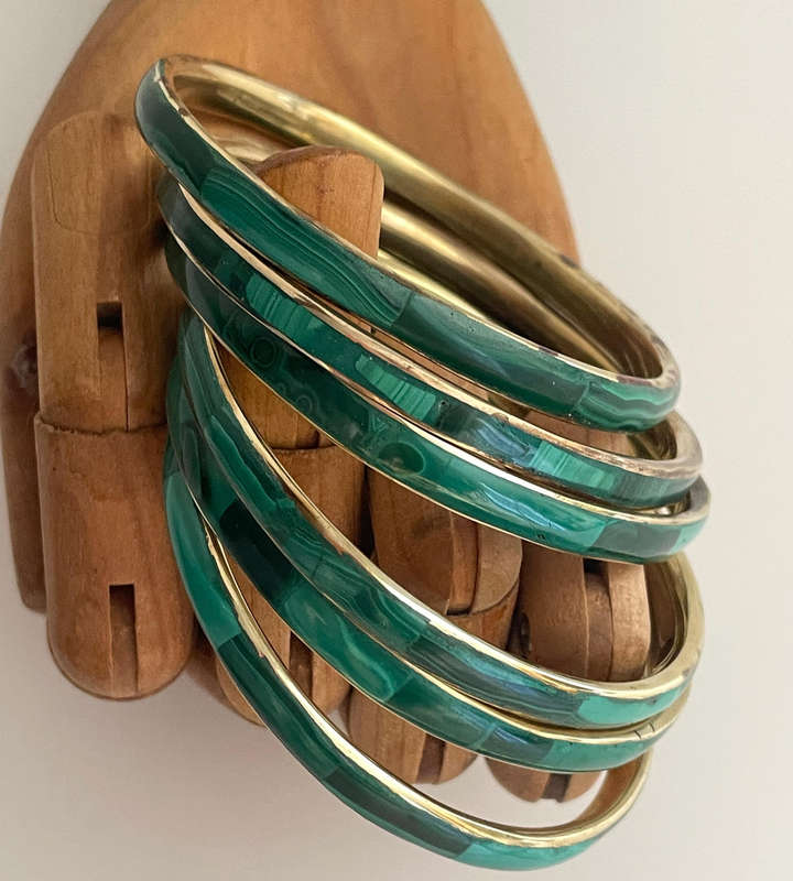 1970s Hand Made Congo Malachite & Brass Bangles - Banded Flower Malachite - Sold Per Piece