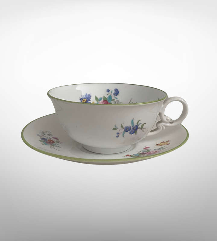 Antique Spode Copelands Tea Cup & Saucer  Ditsy Florals, Green Rim, Phillips Ltd Mark (19081929)