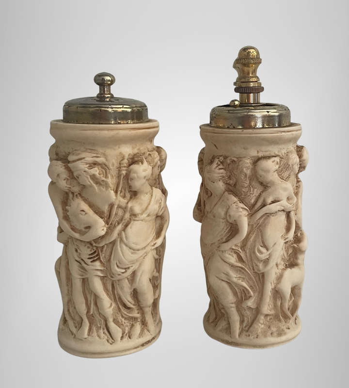 Vintage Italian Resin Salt Shaker & Acciaio Temperato Pepper Mill  Classical Relief Design  Made i