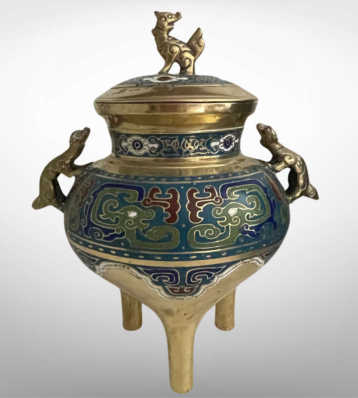 Antique Chinese Cloisonné Brass Tripod Censer with Foo Dog Finials  Qing Dynasty Reign Mark, Possib