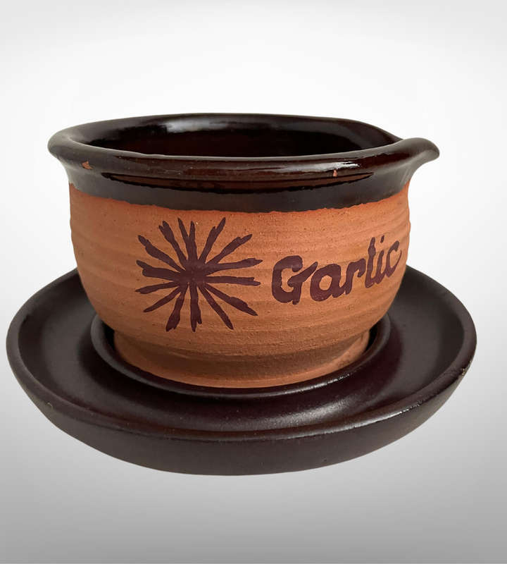 R1 Start - Terracotta Pottery Garlic or Sauce Bowl with Saucer  Brown Glazed