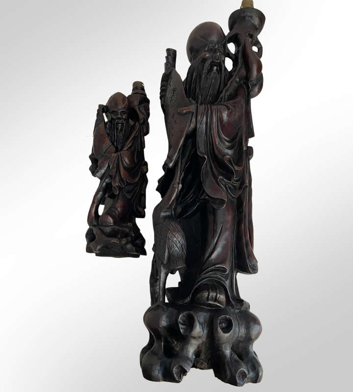 Antique Japan Meiji Period Ironwood Okimono Lamps (Set of 2)  Hand-Carved Shou Lao Statues, Large &