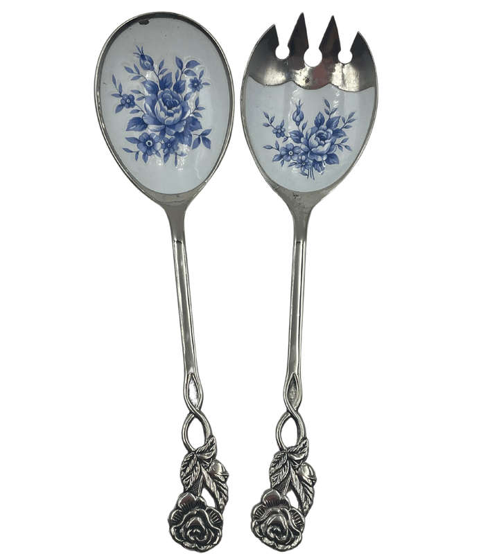 Vintage Salad Serving Spoon Set with Blue and White Cloisonné Enamel Rose Design