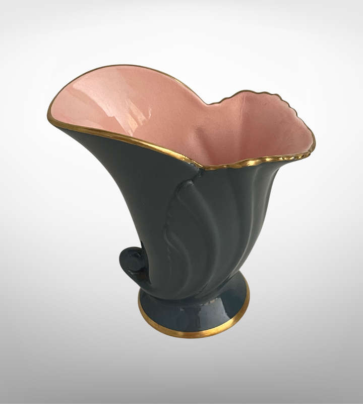 Vintage Carlton Ware Small Shell-Shaped Vase  Grey with Gold Trim & Pink Interior (1979)
