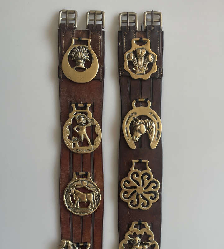 Vintage Genuine Leather South African Police Horse Straps with 10 Brass Medallions  70 cm