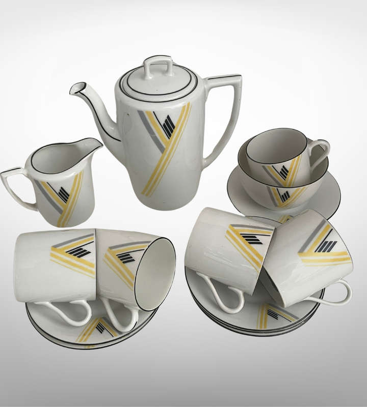 Vintage 1930s Art Deco Fine Porcelain Coffee/Tea Set  MZ Altrohlau & Protea China, Yellow and Blac