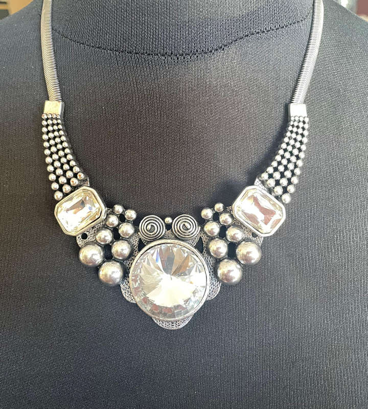 Bold Chunky Statement Necklace  Silver-Tone Snake Chain with Clear Crystal Accents (47cm)