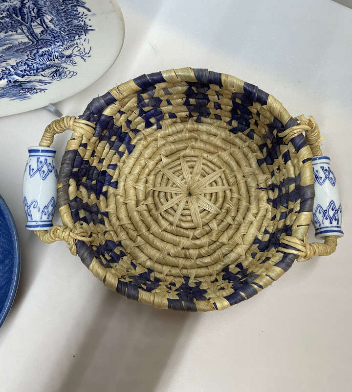 Heavy Scandinavian Blue Pottery Bowl & Vintage Handwoven Straw Basket with Ceramic Handles