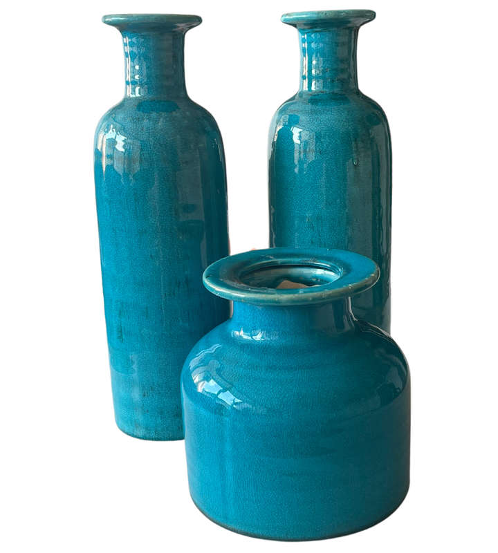 40cm Large Modern Crackle Glaze Turquoise Blue Ceramic Vases  3-Piece Set