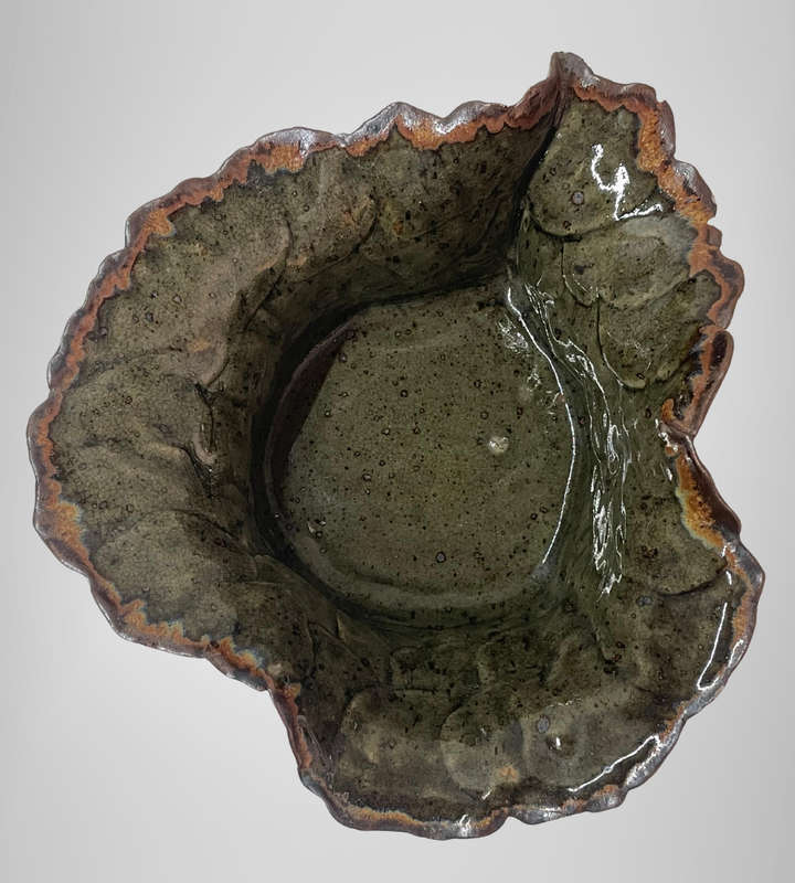 Studio Pottery Bowl Signed Charm 85  Organic Ruffled Edge  Glazed Earth Tones - Chipped