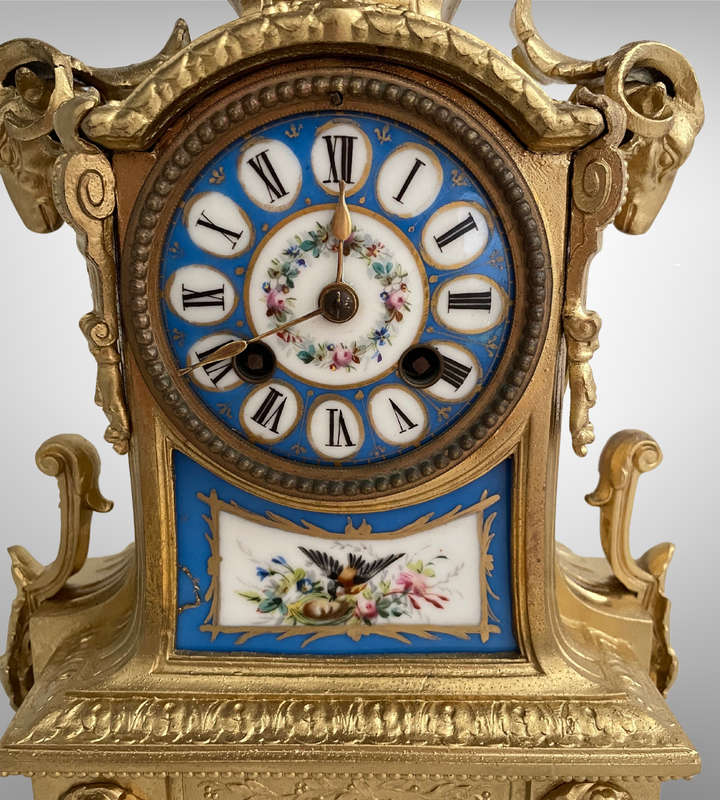 Heavy Antique French Gilt Mantel Clock with Porcelain Panels  Marked Henry Marc, Paris