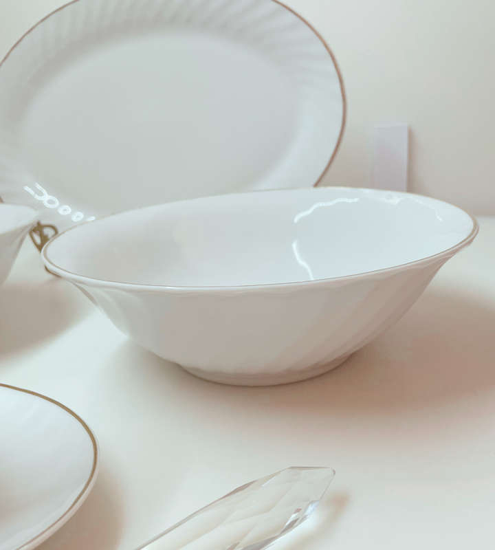 Rare 1960s Italian White & Gold Porcelain Serving Set by Bellini  Set of 5 + Crystal Fork