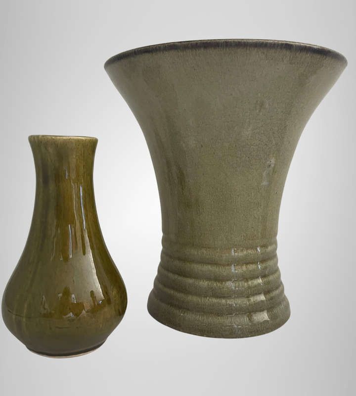 Heavy Vintage Studio Pottery Vase  Drip Green Glaze Ribbed Base  20cm High  Unmarked Art Pottery