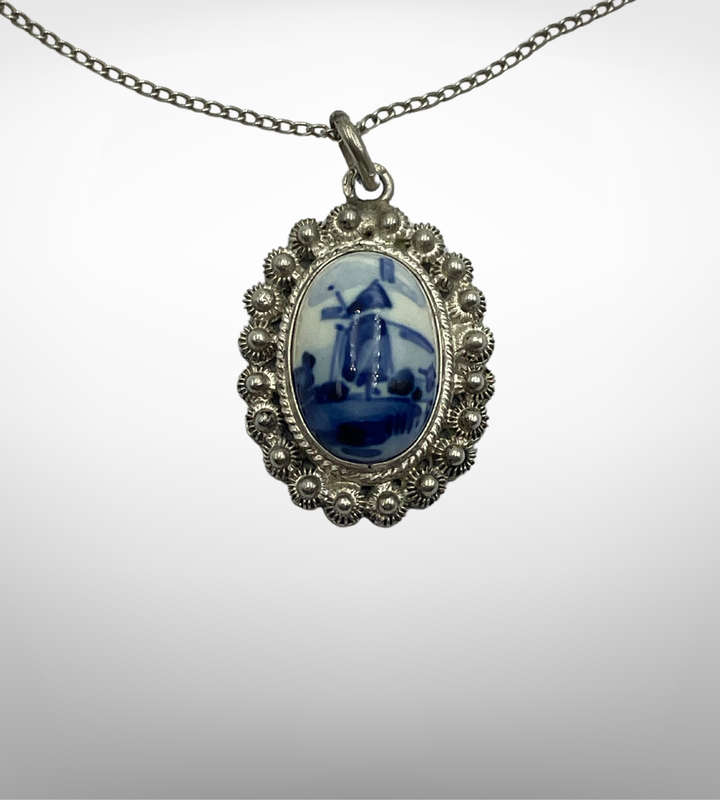 Small 925 Sterling Silver Choker Necklace with Holland Delft Style Ceramic Pendant  Dainty 39cm