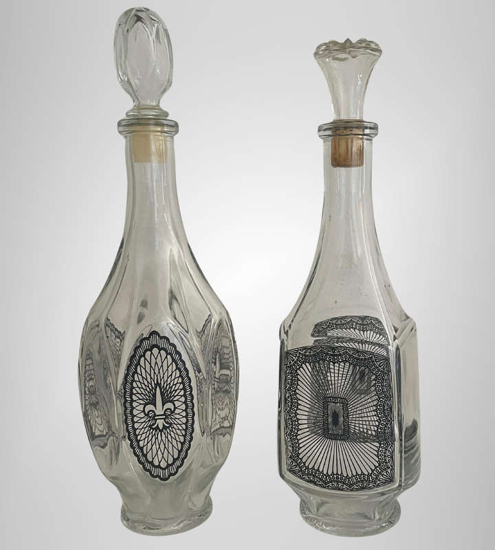MCM Pair of Vintage Belgian Glass Carafe Bottles with Stoppers  0.75L & 0.5L  Retro Barware Décor