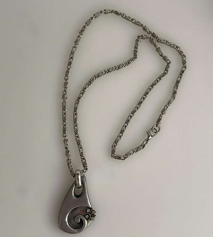 Vintage Pewter Pendant Necklace with Stainless Steel Chain  Abstract Swirl Design