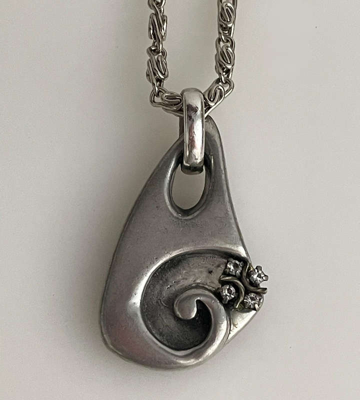 Vintage Pewter Pendant Necklace with Stainless Steel Chain  Abstract Swirl Design