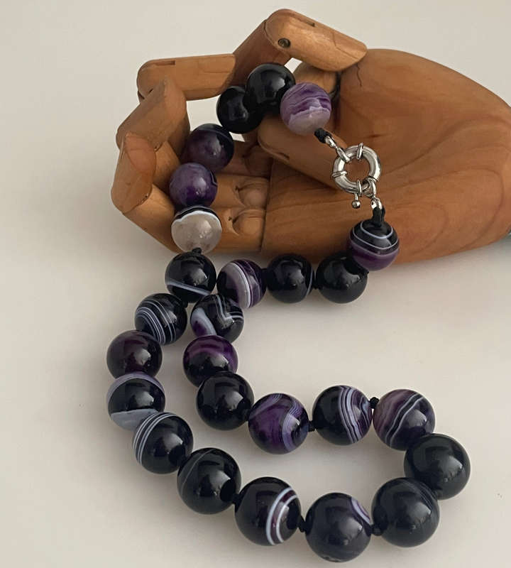Vintage Purple Agate Bead Necklace with Silver-Tone Signoretti Clasp