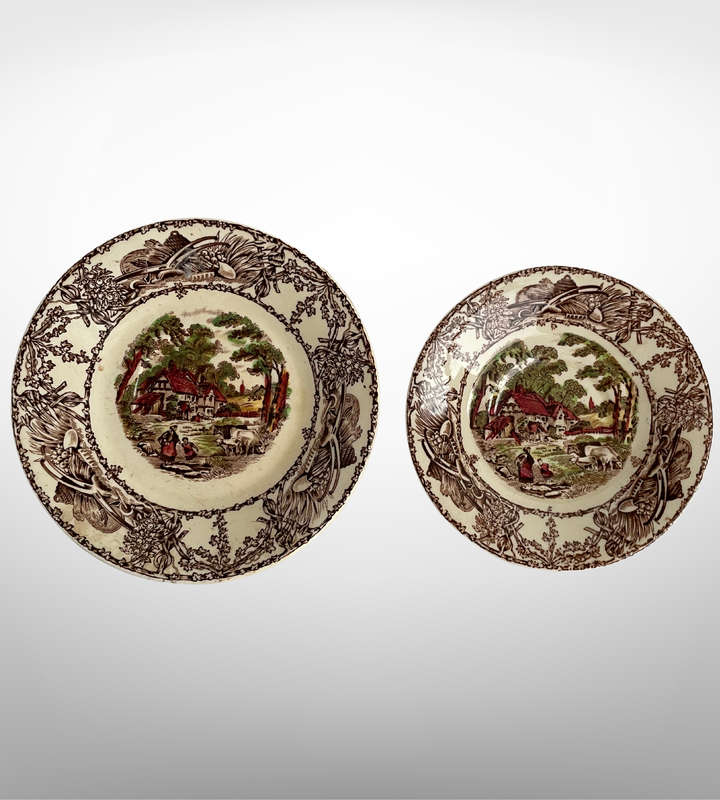 Vintage Clarice Cliff Rural Scenes Transferware Saucers - Staffordshire China, Brown Transfer, 12.5c