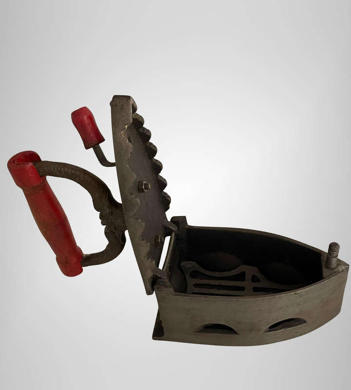 Antique Coal Iron (18901930)  Heavy French Cast Iron with Red Handle  Collectible or Door Stop