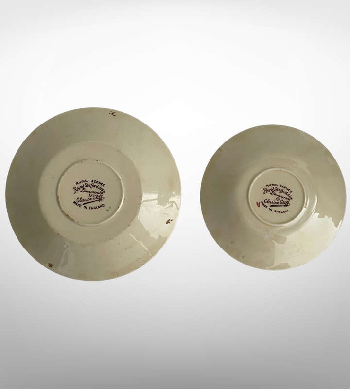 Vintage Clarice Cliff Rural Scenes Transferware Saucers - Staffordshire China, Brown Transfer, 12.5c