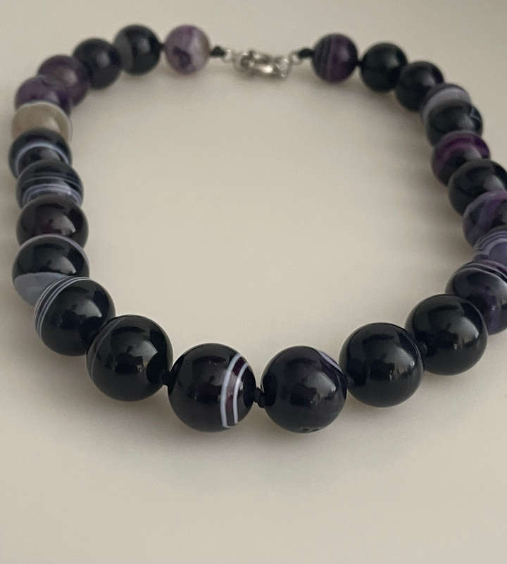 Vintage Purple Agate Bead Necklace with Silver-Tone Signoretti Clasp