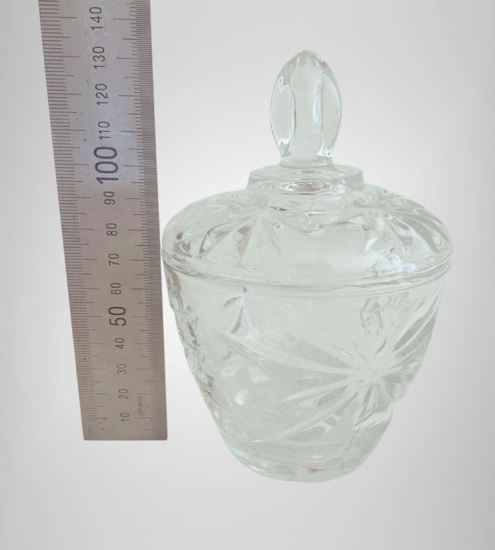 R1 Start - 1970s Vintage Pressed Glass Sugar Bowl  Art Deco Style, Star Pattern  13cm