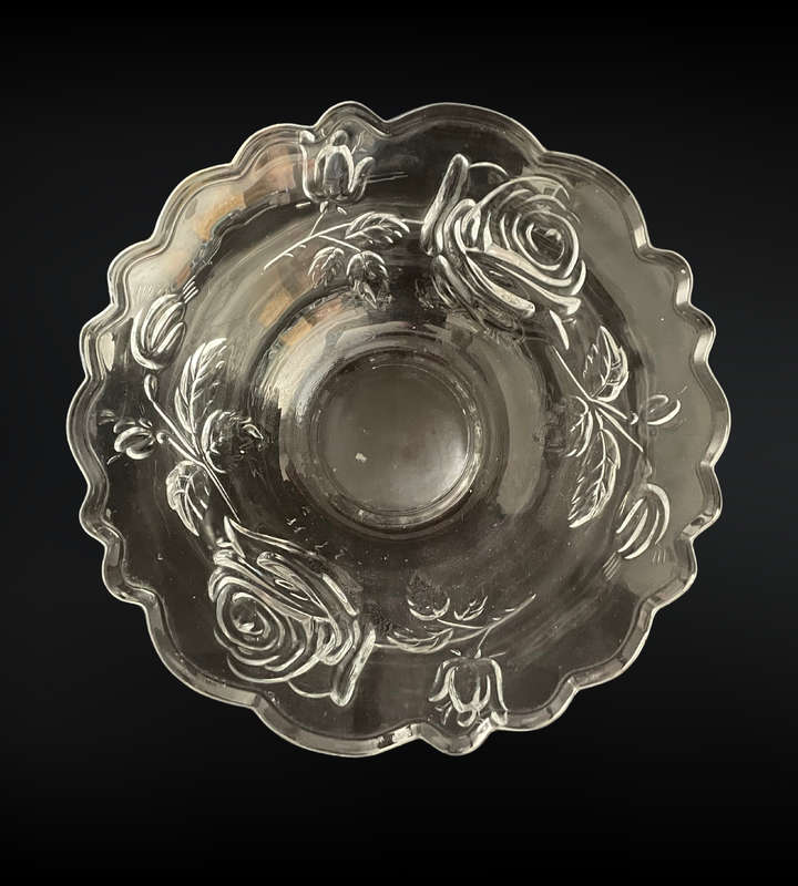 Vintage Heavy Pressed Glass Serving Bowl with Rose Design, Scalloped Edge, 23 cm Diameter