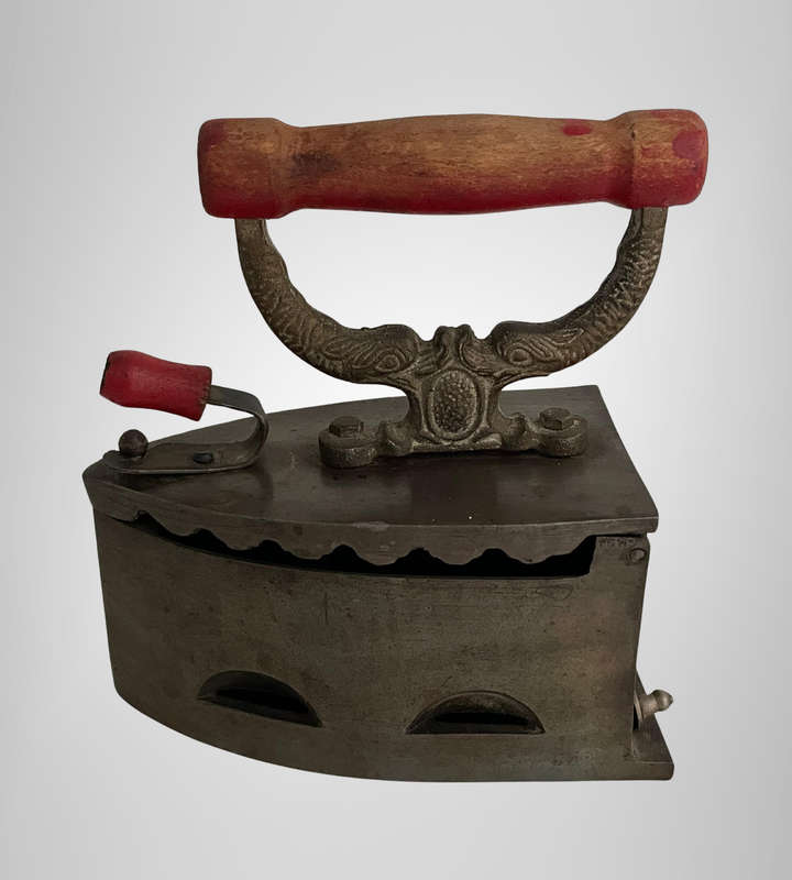 Antique Coal Iron (18901930)  Heavy French Cast Iron with Red Handle  Collectible or Door Stop