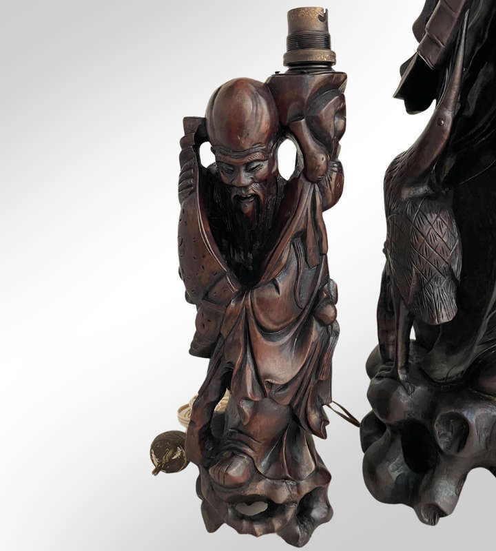 Antique Japan Meiji Period Ironwood Okimono Lamps (Set of 2)  Hand-Carved Shou Lao Statues, Large &