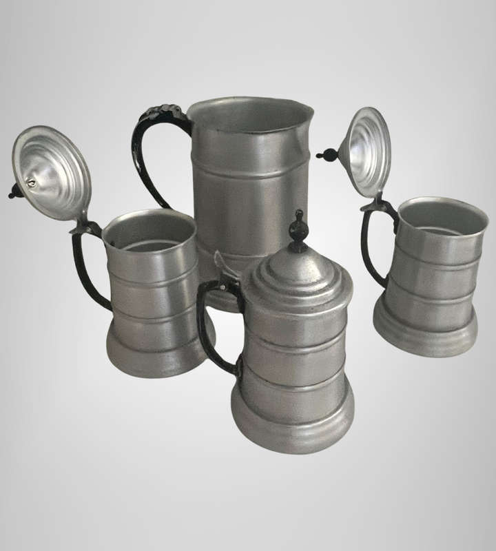 4-Piece Vintage 1970s German Style Beer Stein Set  3x Lidded Aluminum Steins + 1x Jug