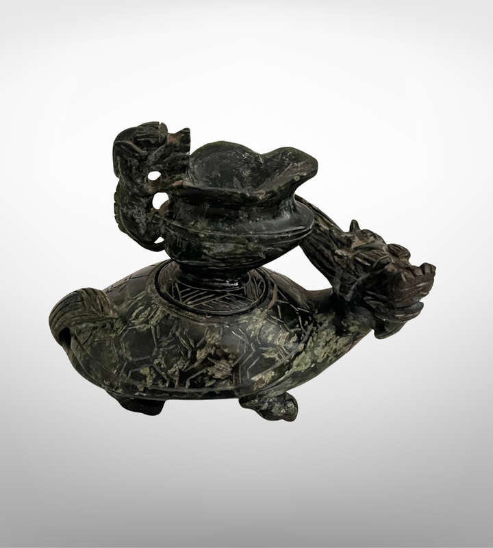 Vintage Hand-Carved Serpentine Incense Burner  Foo Dog & Turtle Design   Repair Detail